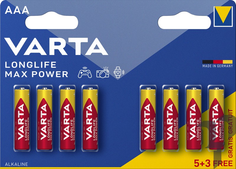 Baterijas VARTA Longlife Max Power Alkaline AAA 1.5V, 8gb.