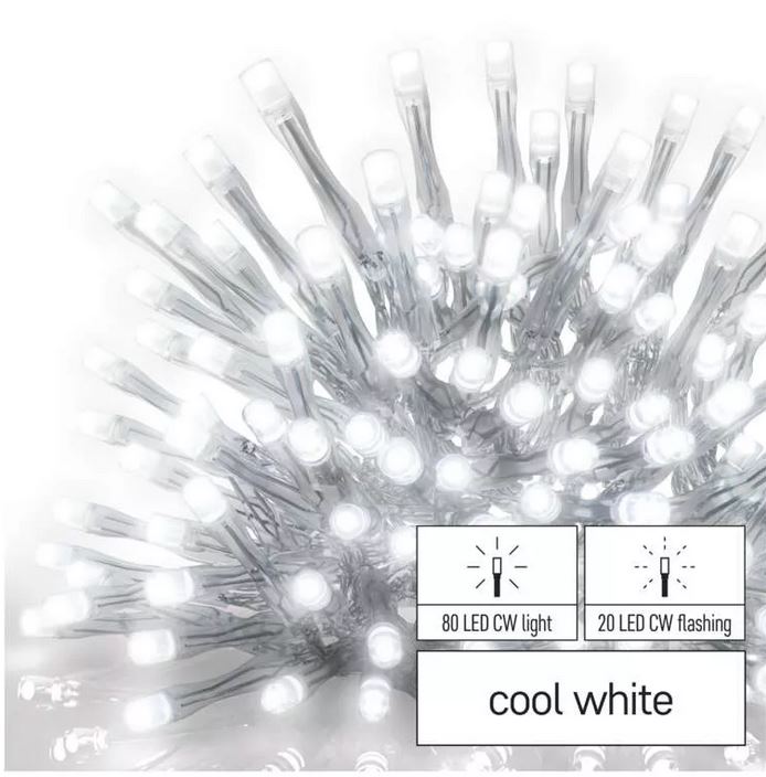 LĀSTEKA Virtene Zimassvētku 100LED 1.2W 2.5m CW/CW mirgojoša IP44 bez barosanas bloka EMOS D1CC02