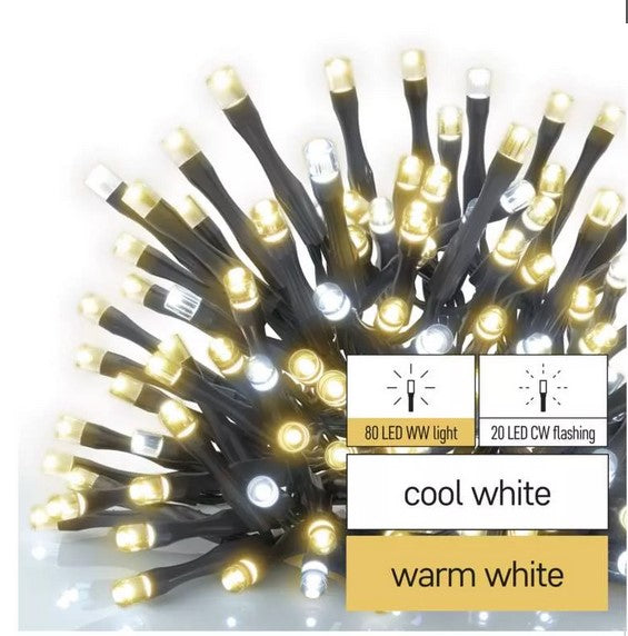 Virtene Zimassvētku CONN 100LED bez barošanas bloka 1.2W IP44 10m WW/CW FLASH D1AN02