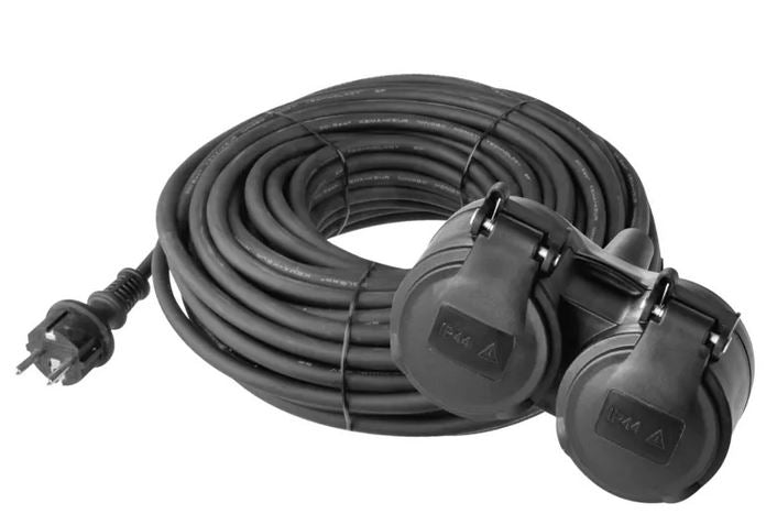 Āra pagarinātājs 25m, 2 rozetes ar zemējumu 3x1.5 melns gumijas 16A IP44 EMOS