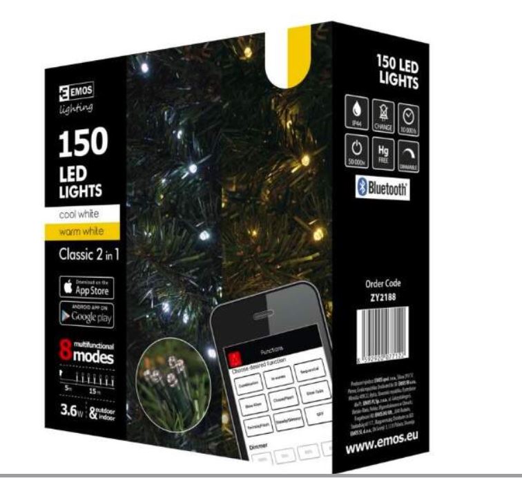 Gaismiņu virtene EMOS, 150LED, 8 režīmi, 18m, ar taimeri, lietojama arī ārā