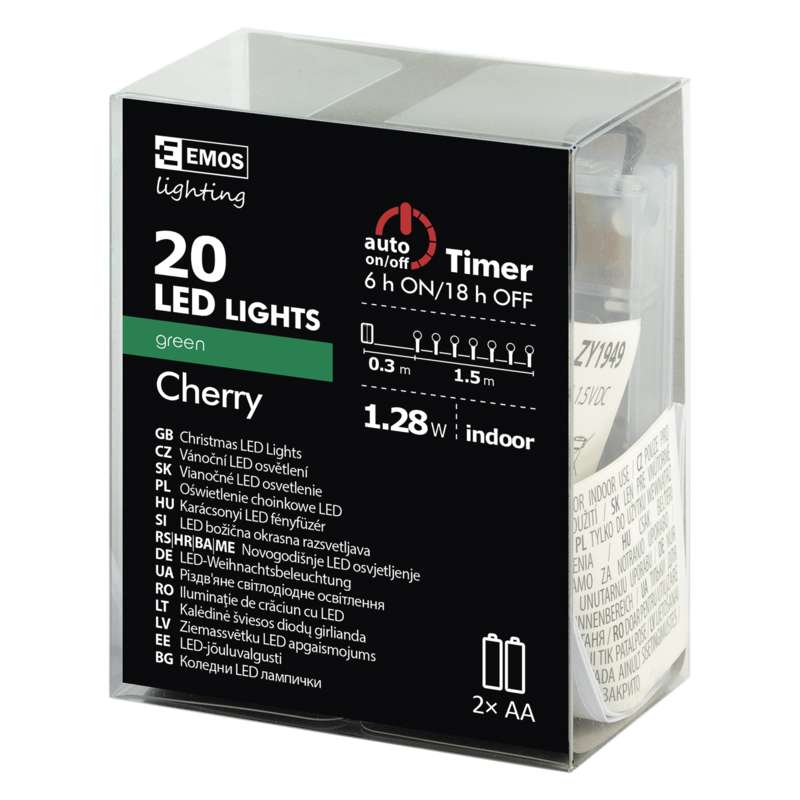 LED virtene EMOS 20LED 0.75W zaļa IP20 1.5m (2xAA)+taimeris ZY1949