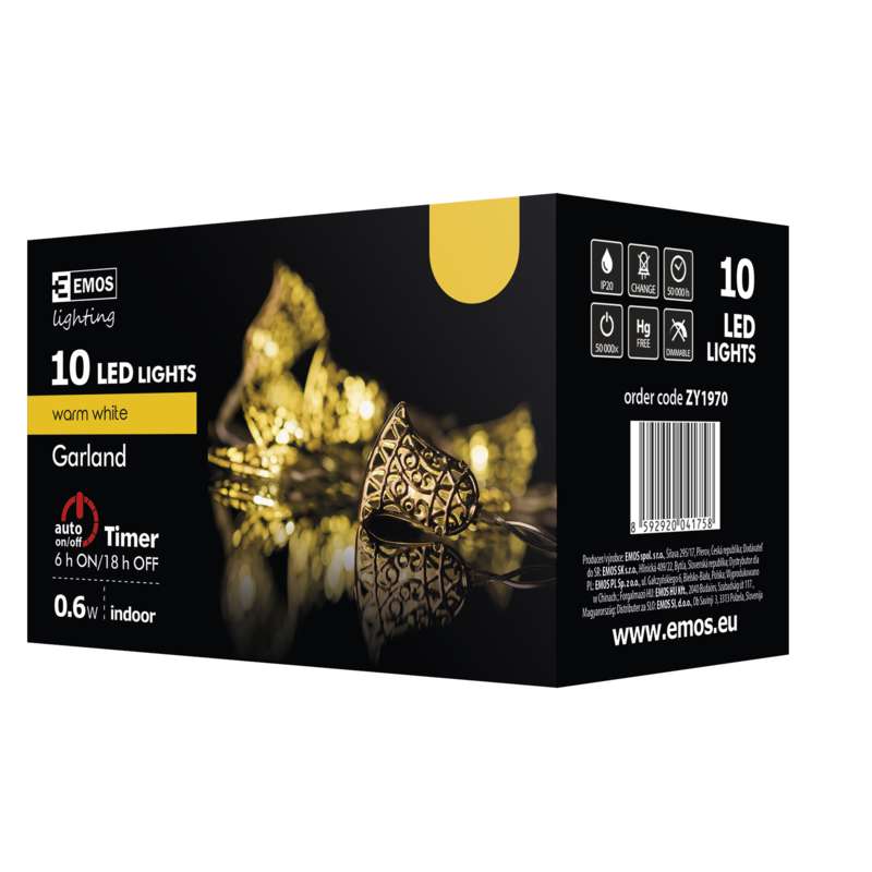 LED virtene EMOS 10LED 0.6W zvani zelta WW IP20 1.35m (2xAA)+taimeris ZY1970