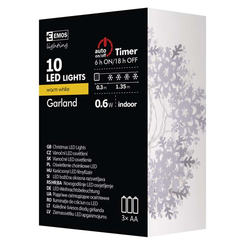 LED virtene EMOS 10LED 0.6W sniegpārslas sudraba WW IP20 1.35m (3xAA)+taimeris ZY1976