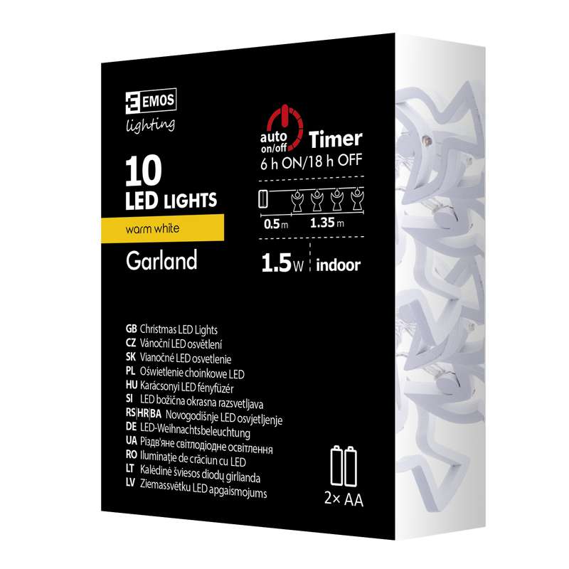 LED virtene EMOS 10LED 0.6W Eņģeļi koka WW IP20 1.35m (2xAA)+taimeris ZY1979