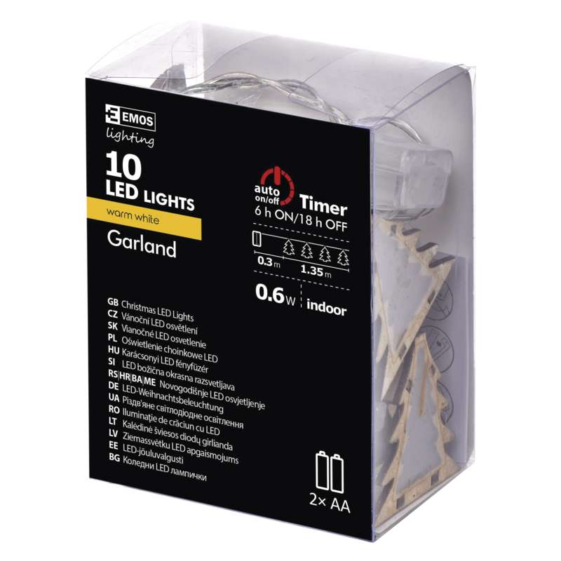 LED virtene EMOS 10LED 0.6W eglītes koka WW IP20 1.8m (2xAA)+taimeris ZY2066