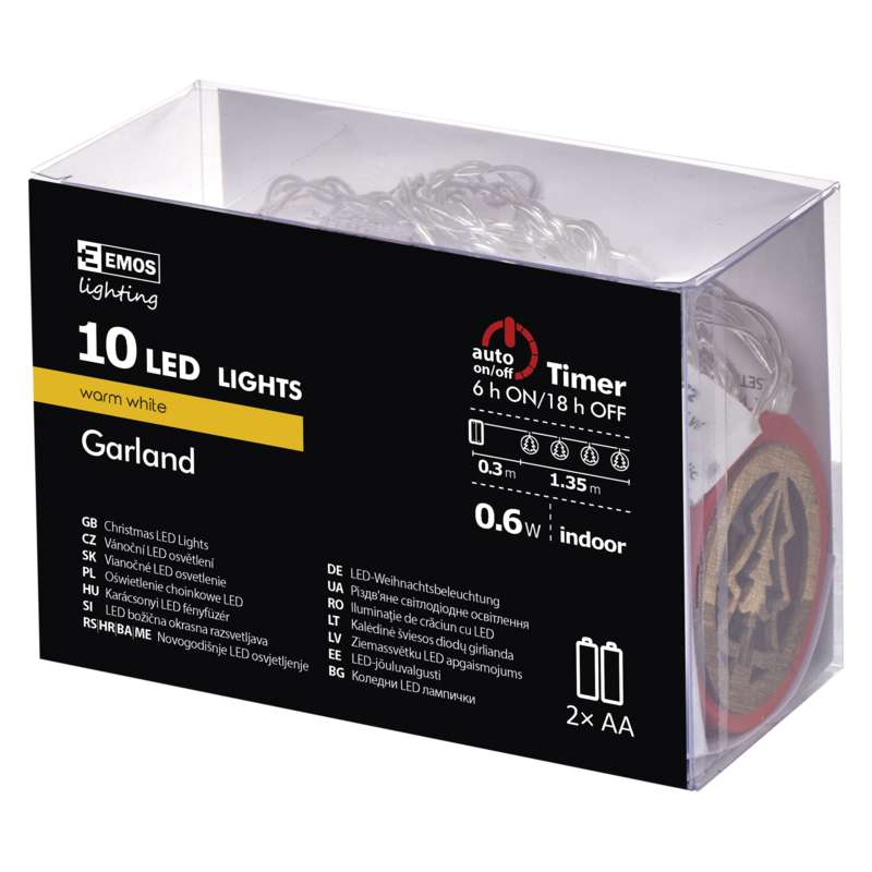 LED virtene EMOS 10LED 0.6W koka eglītes WW IP20 1.35m (2xAA)+taimeris ZY2072