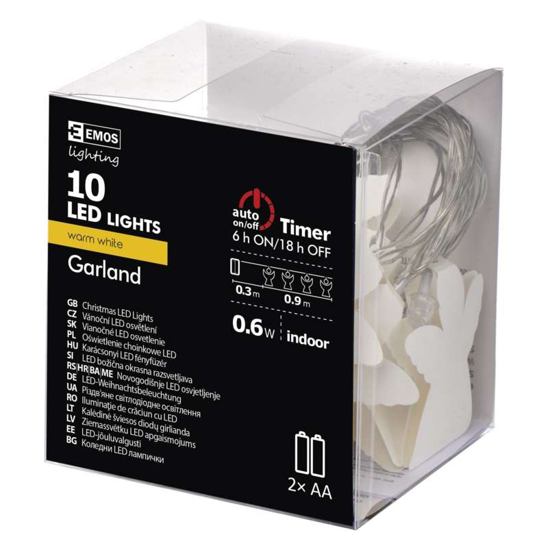LED virtene EMOS 10LED 0.6W eņģeļi balti WW IP20 1.35m (2xAA)+taimeris ZY2074