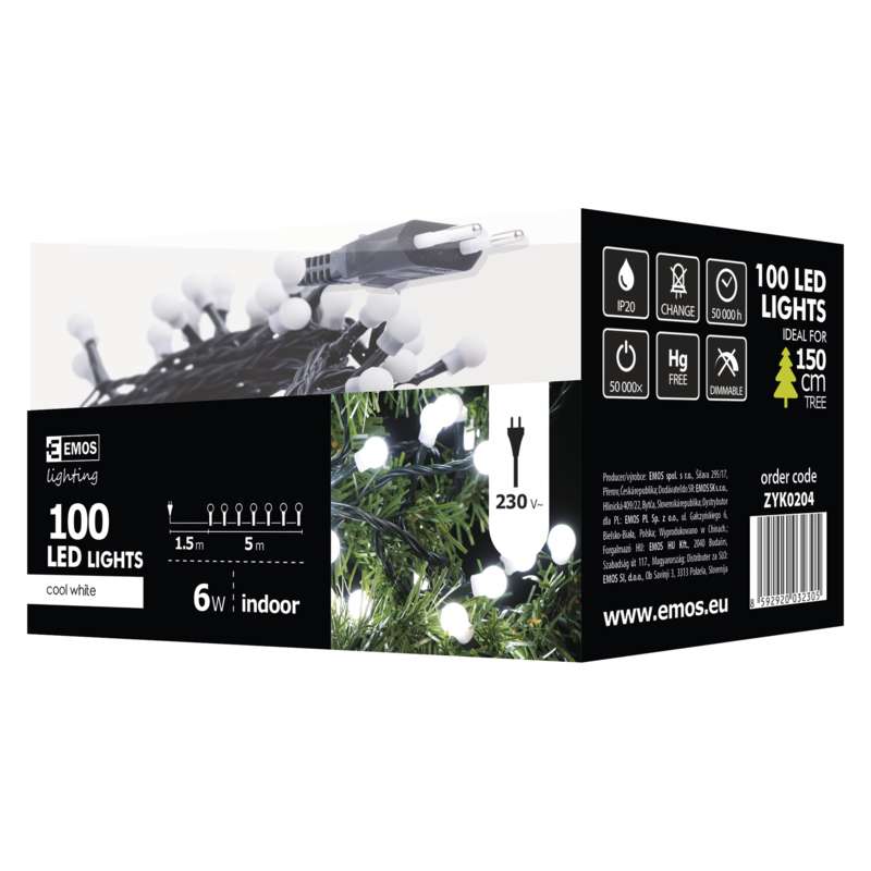 LED virtene EMOS 100LED 6.5W bumbiņas baltas 5300K IP20 5m ZYK0204