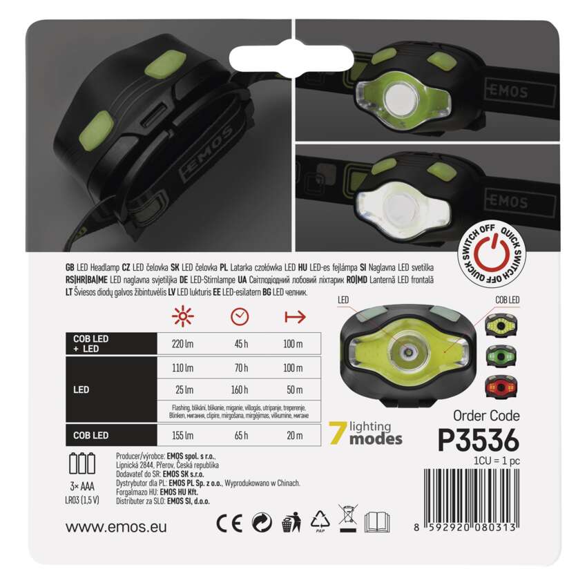 COB LED + LED headlamp EMOS P3536, 220 lm, 100 m, 3x AAA COB LED + LED galvas lukturis EMOS P3536, 220 lm, 100 m, 3x AAA