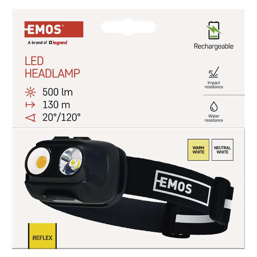 COB LED uzlādējams galvas lukturis EMOS P3542, 500lm, 130m, Li-pol 1200mAh