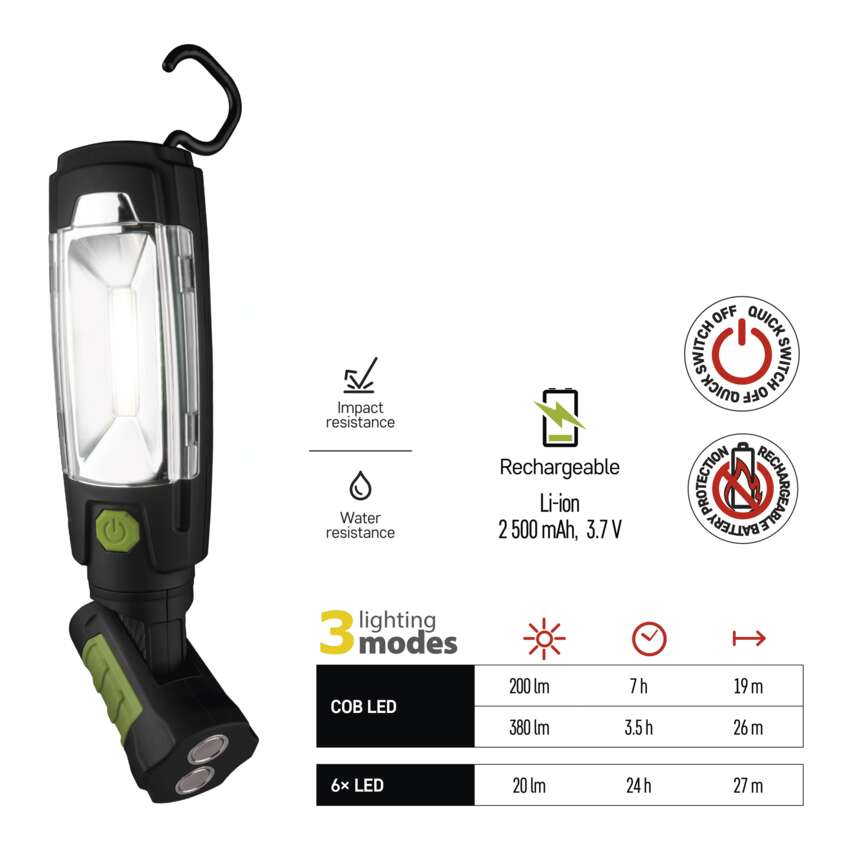COB LED + LED rechargeable work lamp EMOS P4518, 380 lm, 2500 mAh COB LED + LED uzlādējama lampa darbam EMOS P4518, 380 lm, 2500 mAh