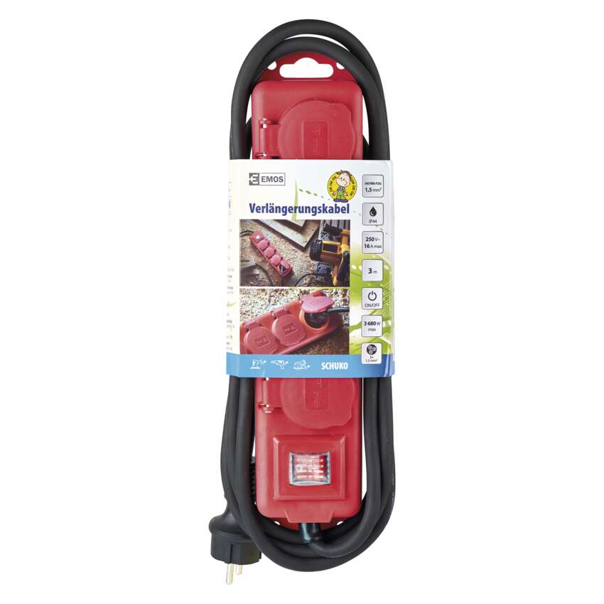 Āra pagarinātājs EMOS 3m, 4 kontaktligzdas, ar slēdzi, ar zemējumu, IP44