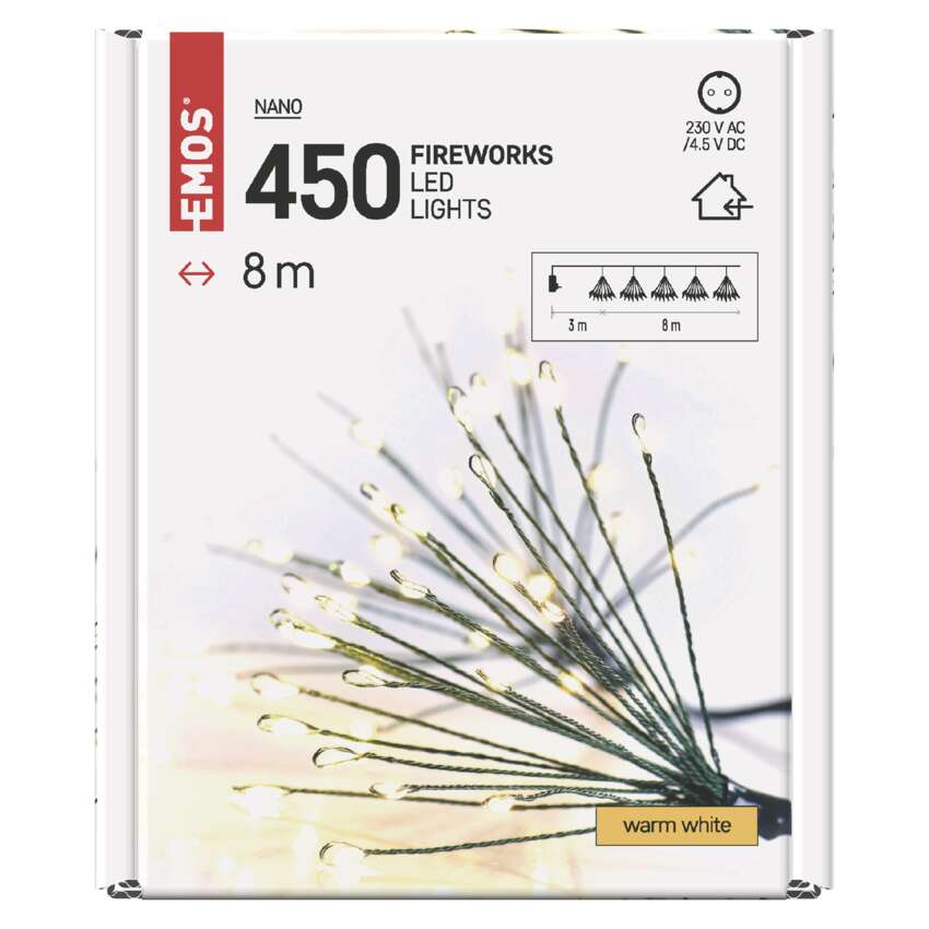 Gaismiņu virtene 450LED 8m nano salūts iekštelpām EMOS ar taimeri, silti balta