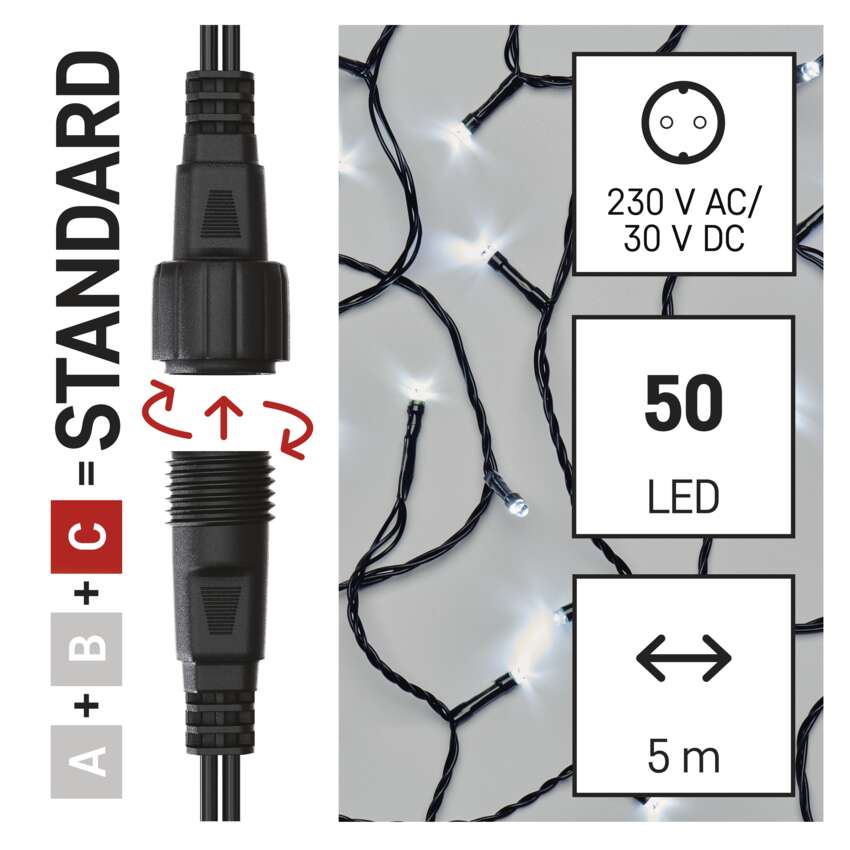 Standarta LED savienojošā virtene, 5 m, lietošanai ārā un iekštelpās, auksti balta EMOS Standarta LED savienojošā virtene, 5 m, lietošanai ārā un iekštelpās, auksti balta EMOS