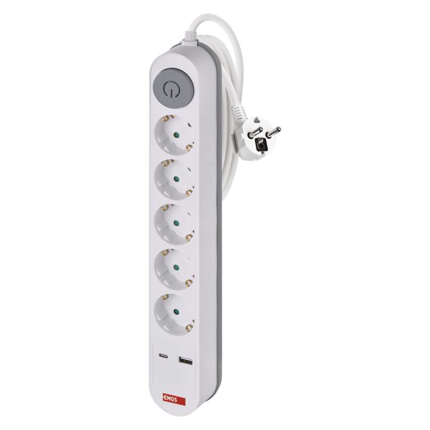 Pagarinātājs 3 m, 5 kontaktligzdas, ar slēdzi, 2×USB, EMOS