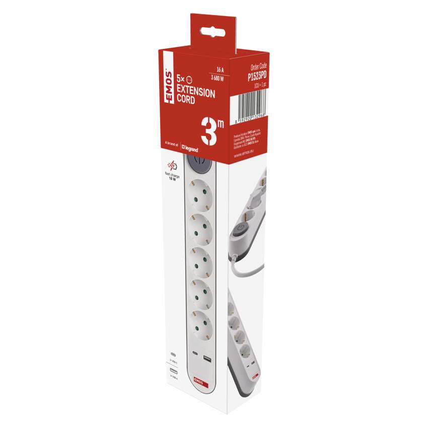 Pagarinātājs 3 m, 5 kontaktligzdas, ar slēdzi, 2×USB, EMOS