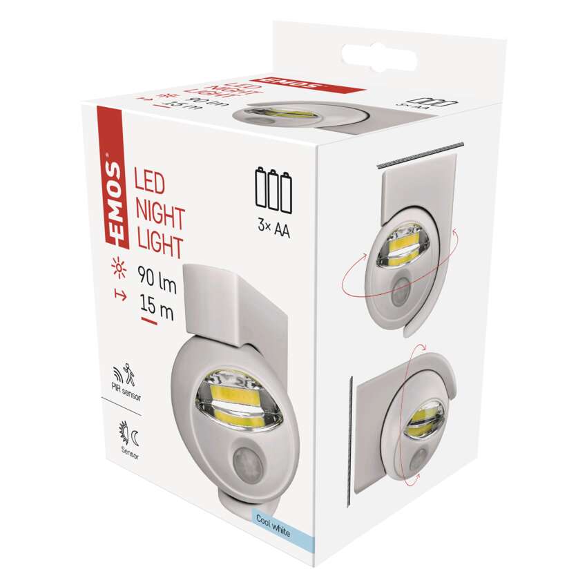 Naktslampa LED balta (3xAA) 90lm ar kustību sensoru EMOS