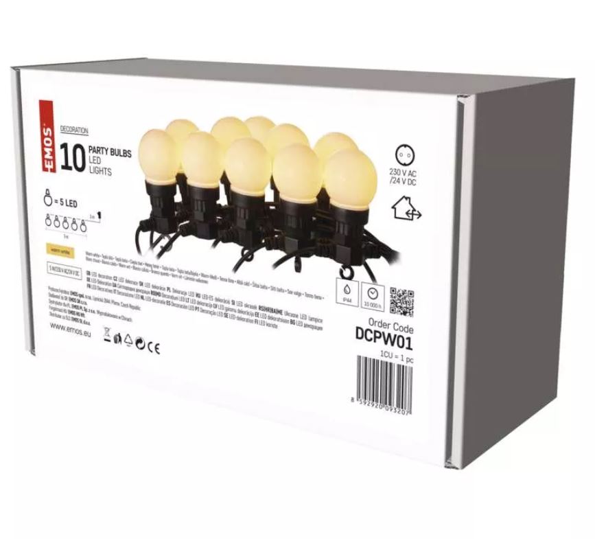 Dārza/terases virtene 5m 50LED IP44 EMOS 10x bumbas baltas WW