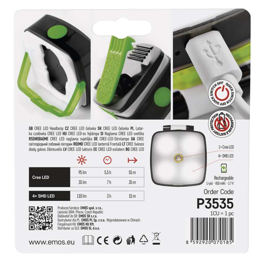 CREE + SMD LED uzlādējams galvas lukturis 110 lm, 55 m, Li-Pol, 850 mAh CREE + SMD LED uzlādējams galvas lukturis 110 lm, 55 m, Li-Pol, 850 mAh