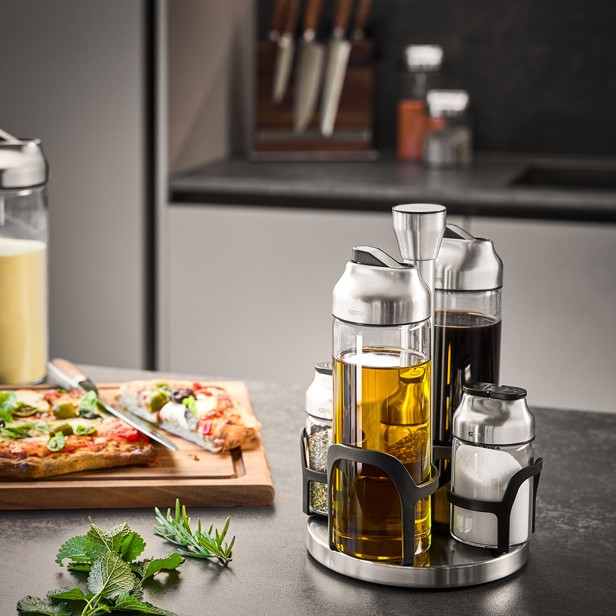 Eļļas, etiķa un garšvielu trauku komplekts GEFU KIPPO 5 priekšmeti