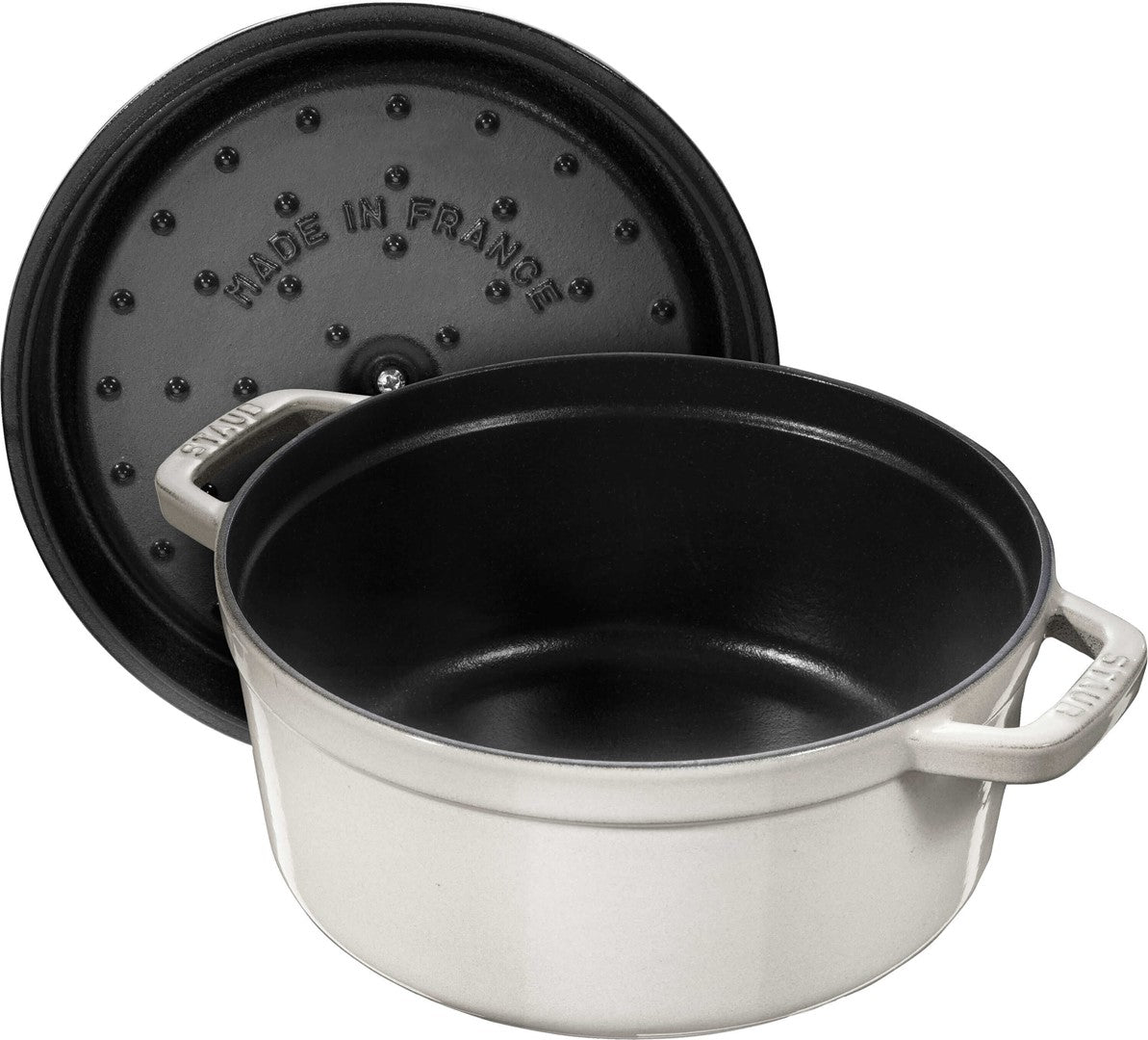 Emaljēts čuguna katls ar vāku Staub 24cm 3.7L Cocotte, trifeļu balts