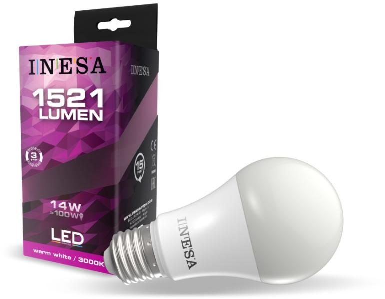 LED spuldze INESA GLS A70 E27 14W 1521lm 3000K