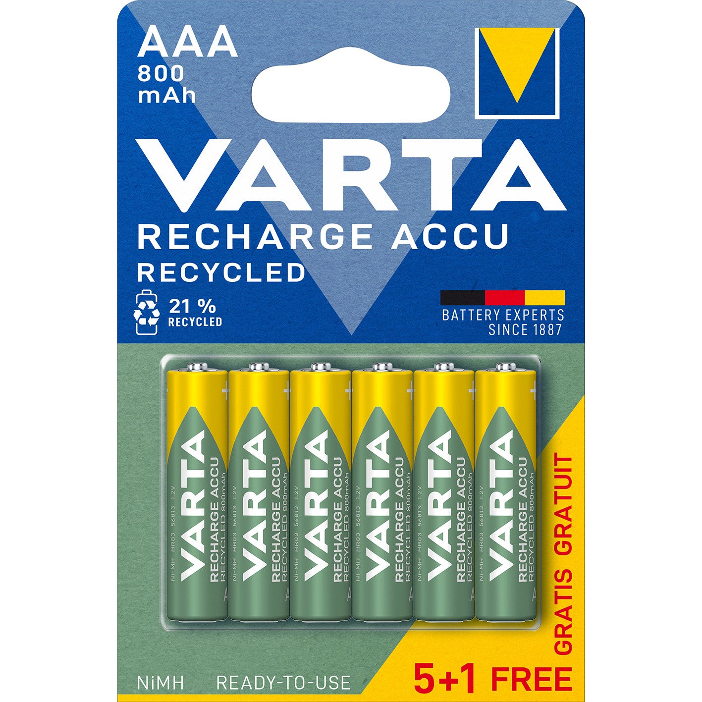 Baterijas lādējamas VARTA Recharge Accu Recycled AAA 800mAh, 6gb.