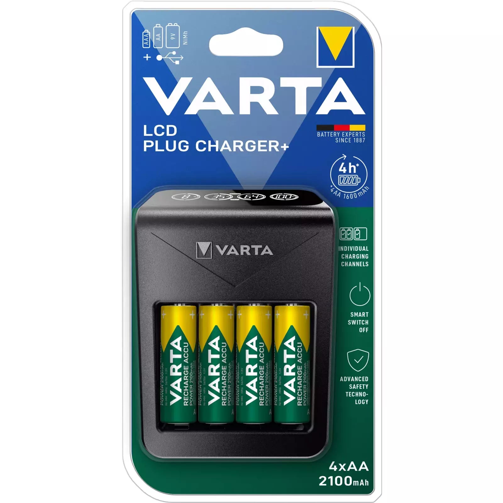 Lādējamā ierīce LCD PLUG+ VARTA 4XAA 2100mAh, AA, AAA un 9V.