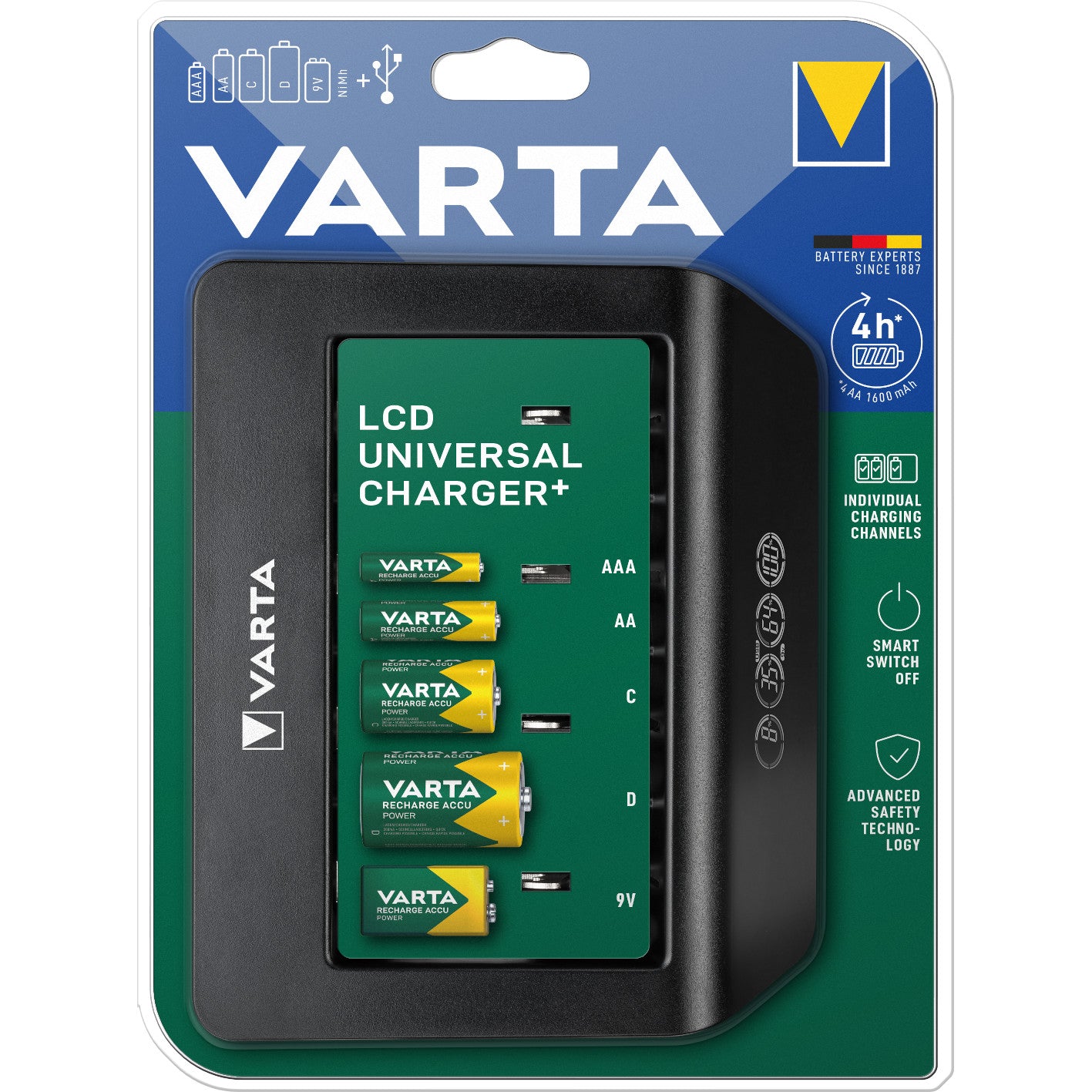 Universāla lādējamā ierīce LCD Universal+ ar displeju, AAA , AA, C, D, 9V, VARTA