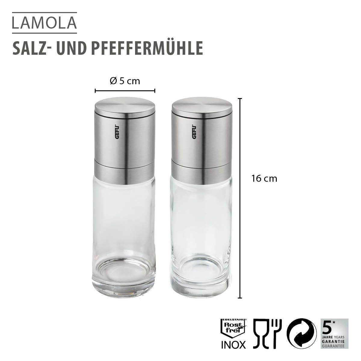Sāls un piparu dzirnaviņu komplekts GEFU LAMOLA