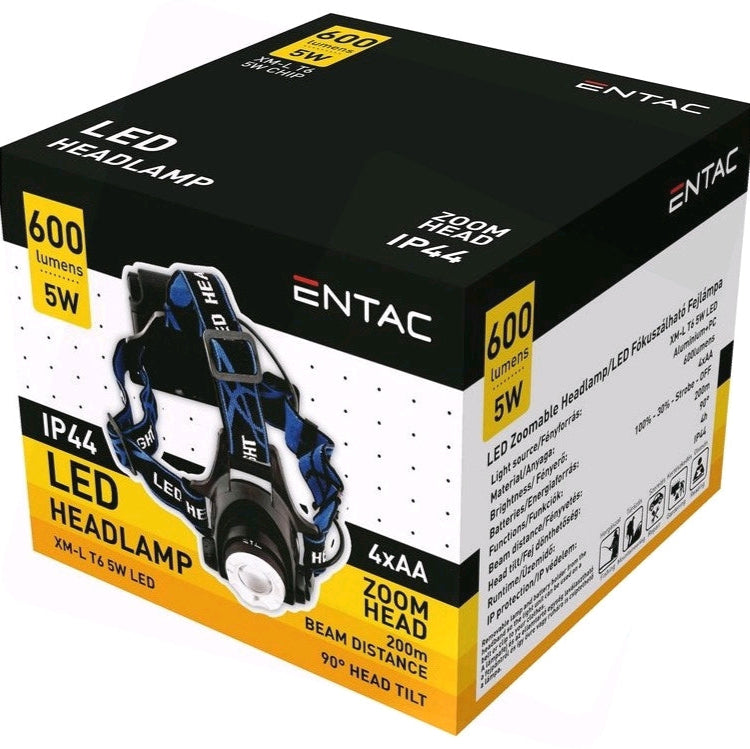 LED lukturis galvas 5W 600lm ZOOM IP44 (4xAA) ENTAC EHL-ZOOM-5W-ALU