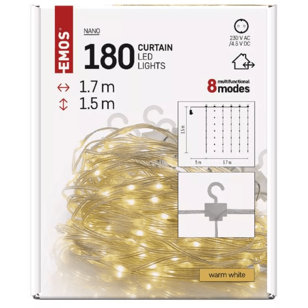 Gaismiņu virtene nano aizkars 180LED 1.7x1.5m EMOS, silti balta, āram un iekštelpām