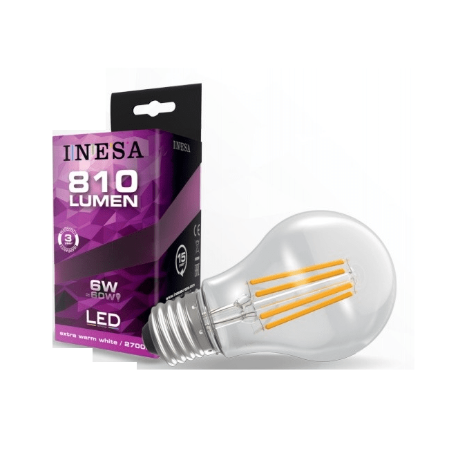 LED spuldze Inesa GLS filamenta E27 6W 810lm 2700K