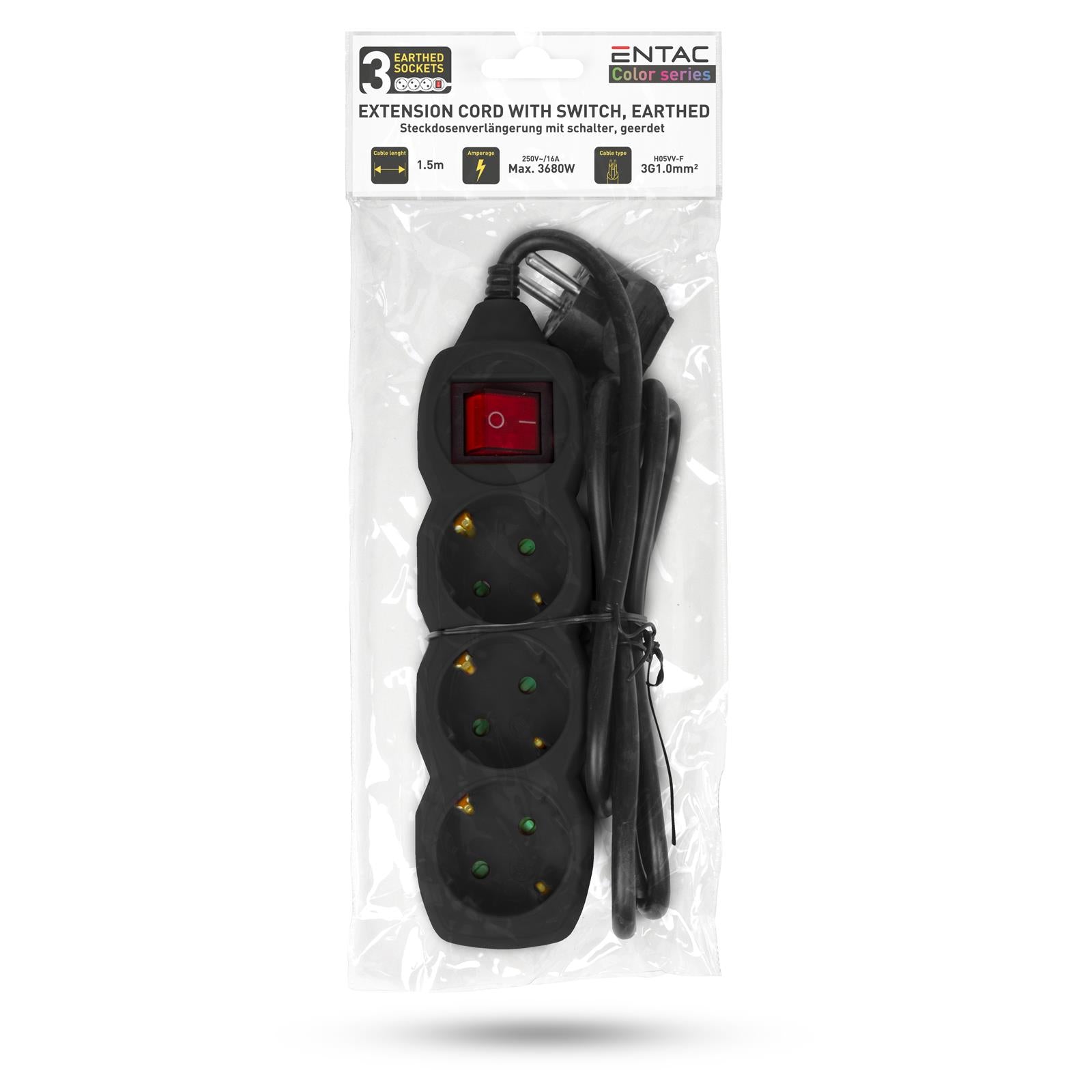 Pagarinātājs ENTAC 1.5m, 3 kontaktligzdas, ar slēdzi, ar zemējumu melns