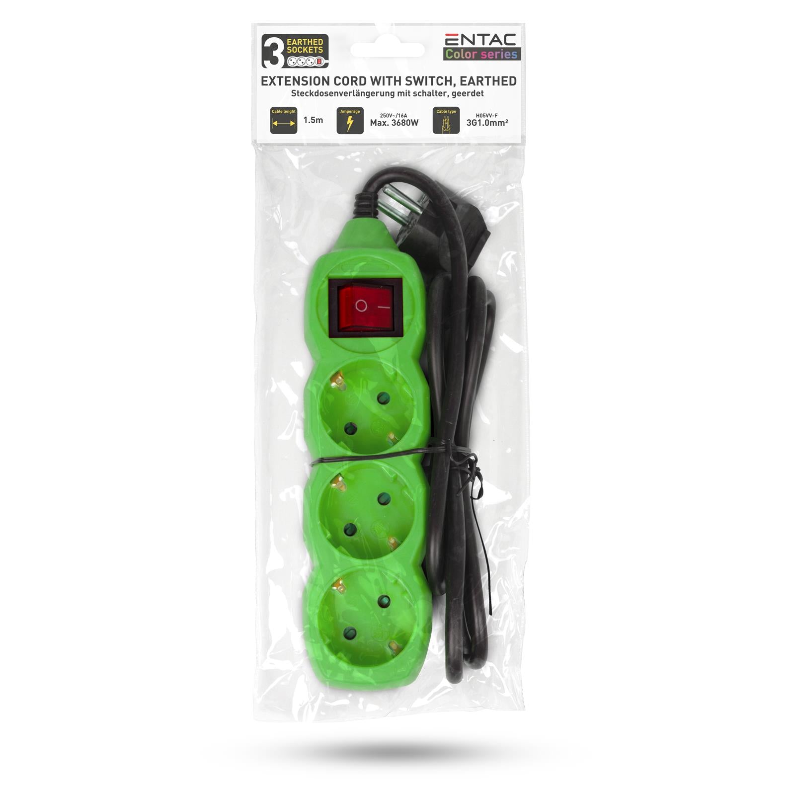 Pagarinātājs ENTAC 1.5m, 3 kontaktligzdas, ar slēdzi, ar zemējumu, zaļš