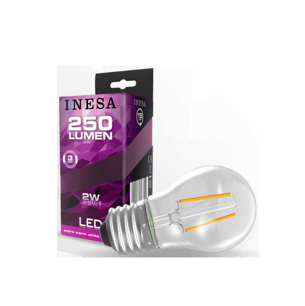 LED spuldze Inesa bumbiņa filamenta E27 2W 250lm 2700K