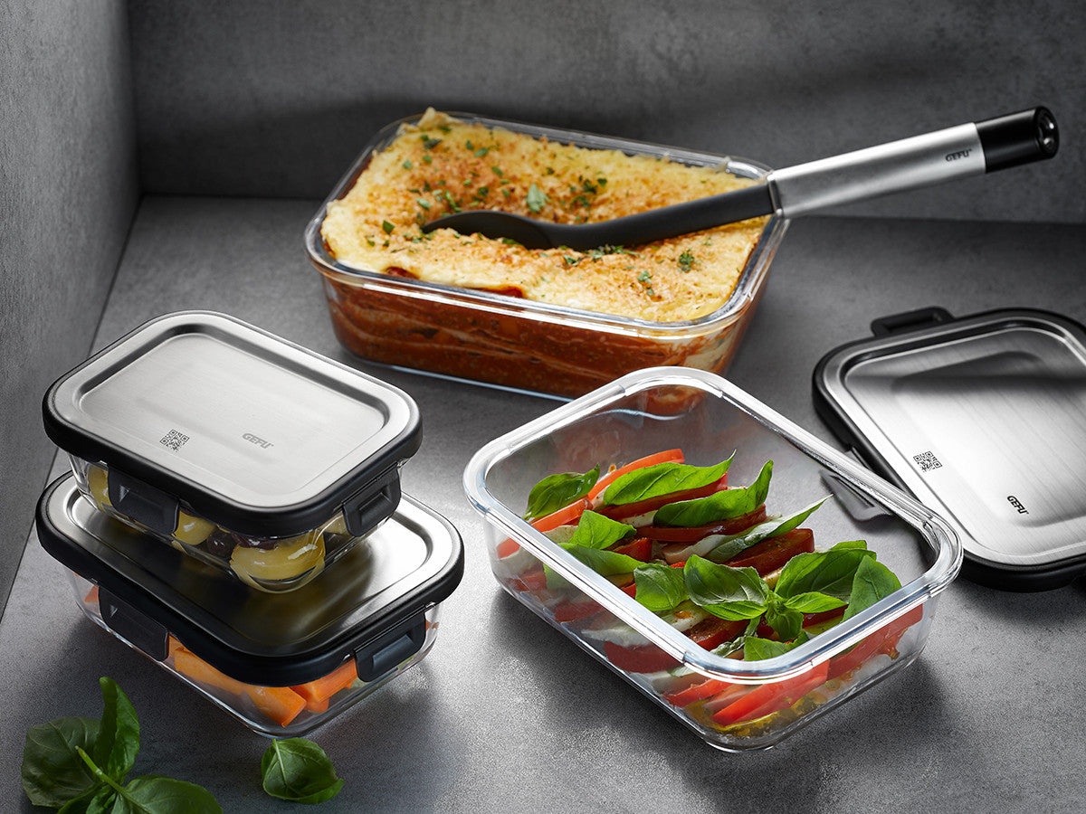 Stikla trauku komplekts pārtikai GEFU MILO 3 gab., -20°C - +300°C, ar QR kodu uz vāciņa