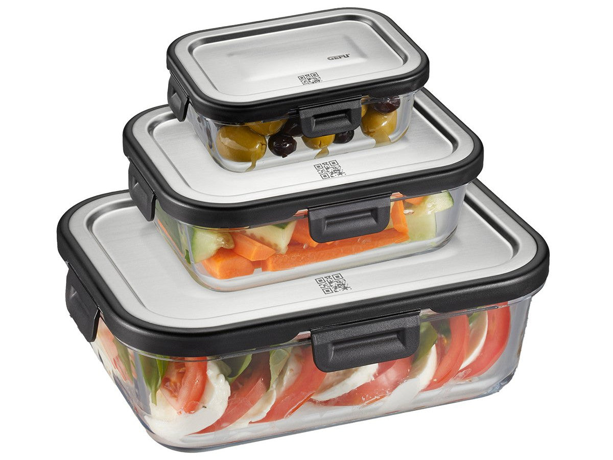 Stikla trauku komplekts pārtikai GEFU MILO 3 gab., -20°C - +300°C, ar QR kodu uz vāciņa