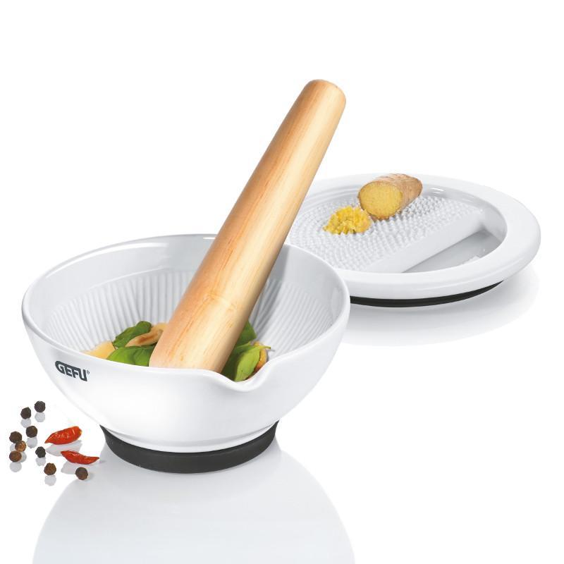 Porcelāna miezeris ar koka piestu un rīvi GEFU SURI 12,5cm