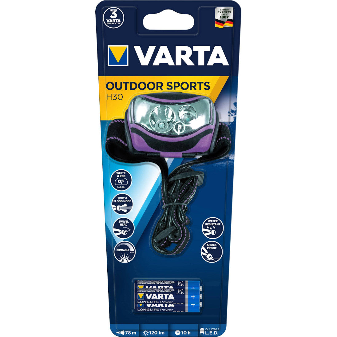 LED galvas lukturis VARTA OUTDOOR SPORTS H30, 120lm, 3xAAA
