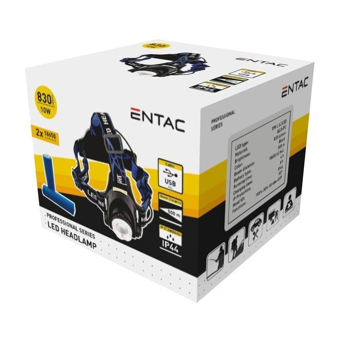 LED galvas lukturis ENTAC, uzlādējams USB 10W 830lm IP44 (2x18650)