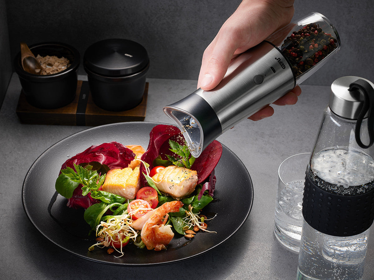 Akumulatoru sāls un piparu dzirnaviņas GEFU VELO ar USB uzlādi