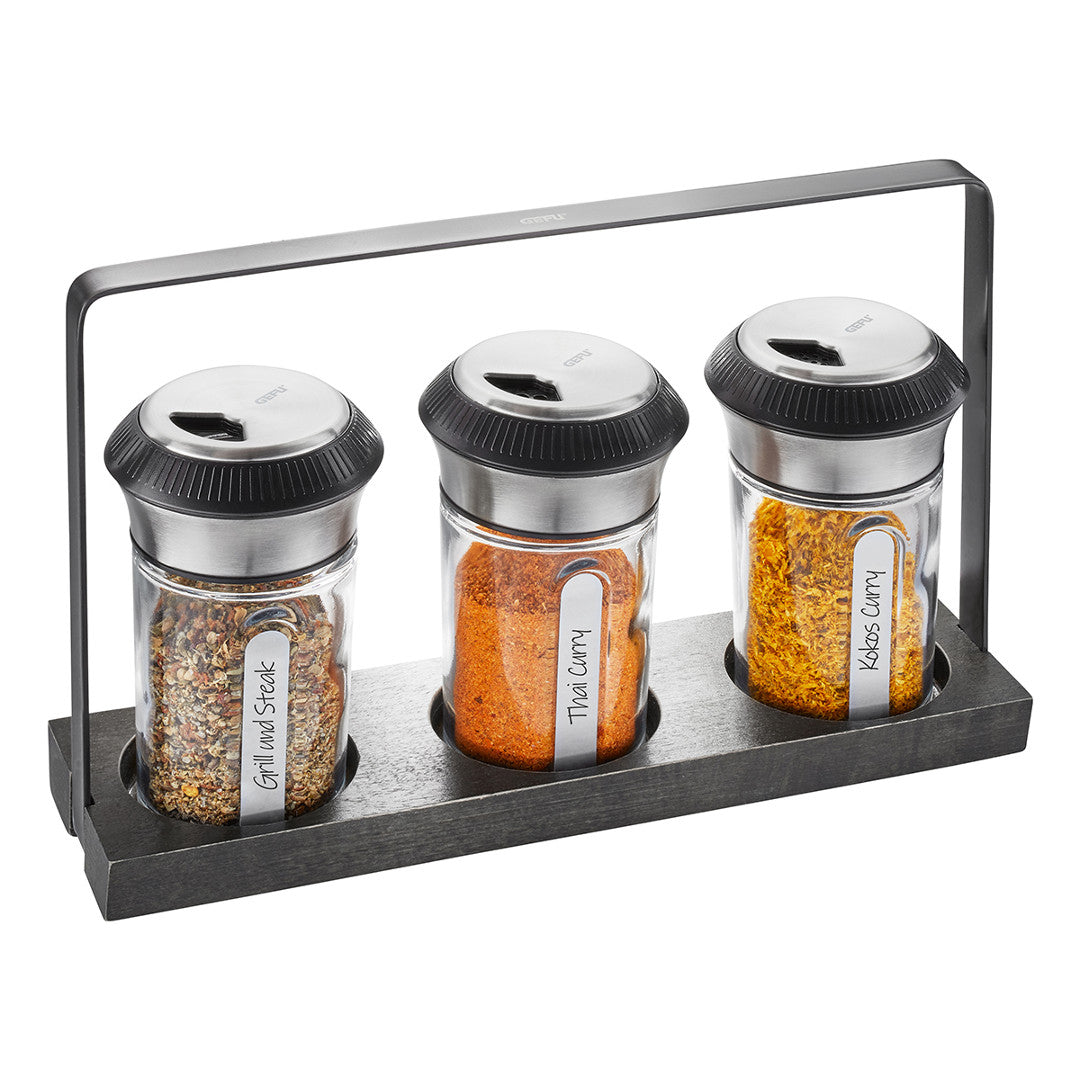 Garšvielu trauciņu komplekts GEFU X-PLOSION ar koka paliktni