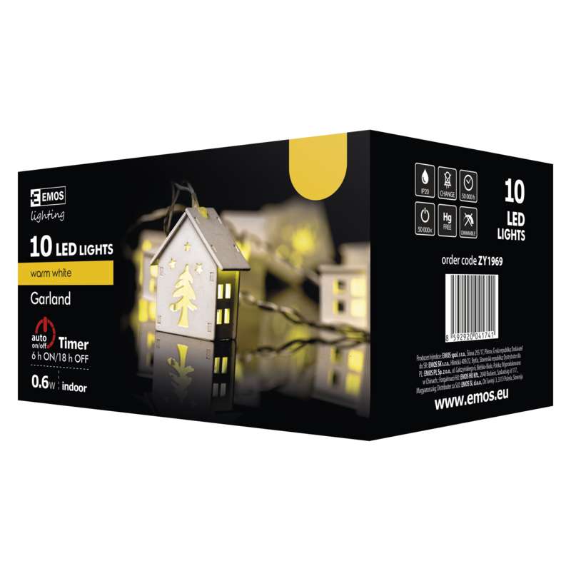 LED virtene EMOS 10LED 0.6W mājiņas koka WW IP20 1.35m (2xAA)+taimeris ZY1969