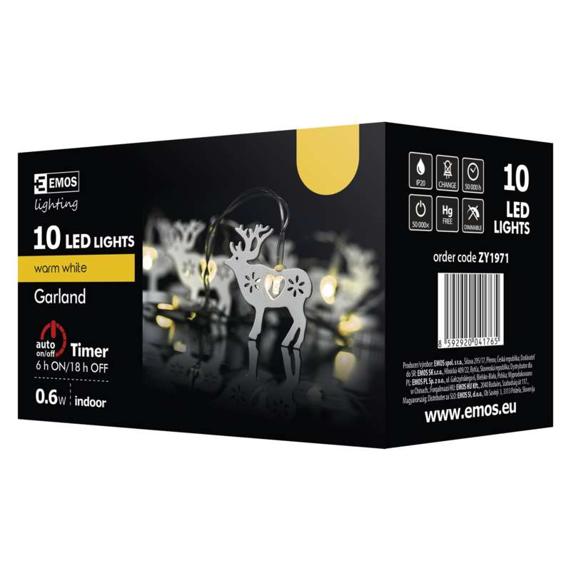 Gaismas virtene EMOS 10LED brieži balti IP20 2700K 1.35m (2xAA)+taimeris