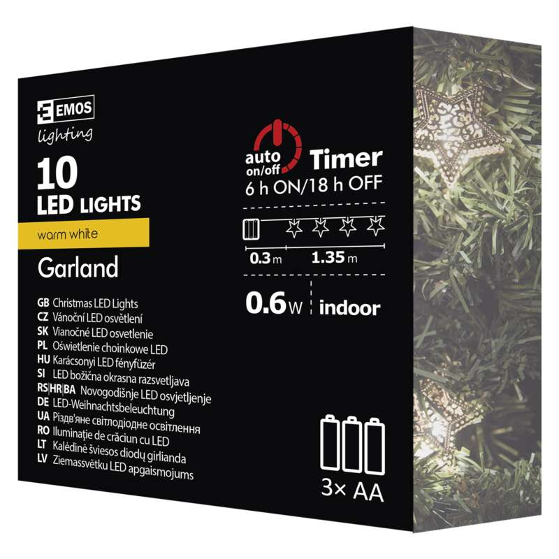 LED virtene EMOS 10LED 0.6W zvaigznes vara WW IP20 1.35m (3xAA)+taimeris ZY1975