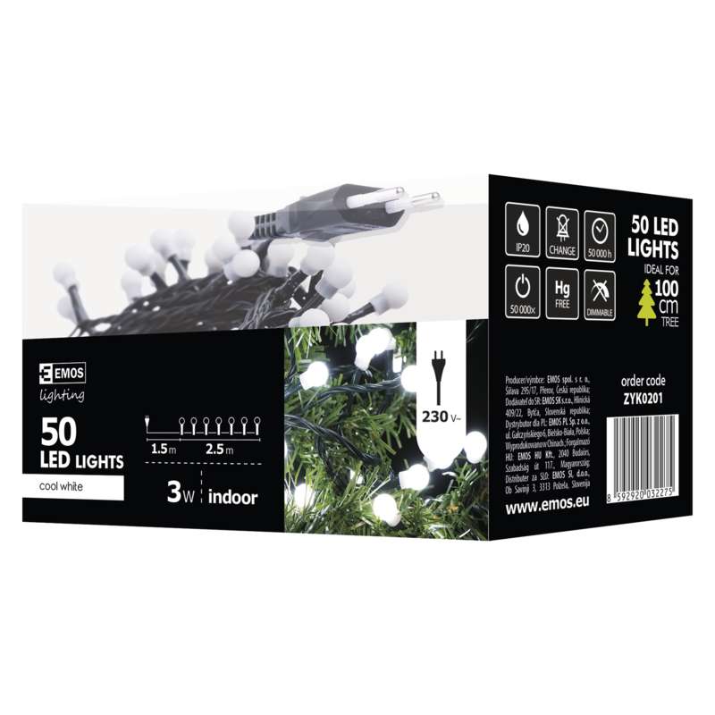 LED virtene EMOS 50LED 3W bumbiņas baltas 5300K IP20 2.5m ZYK0201