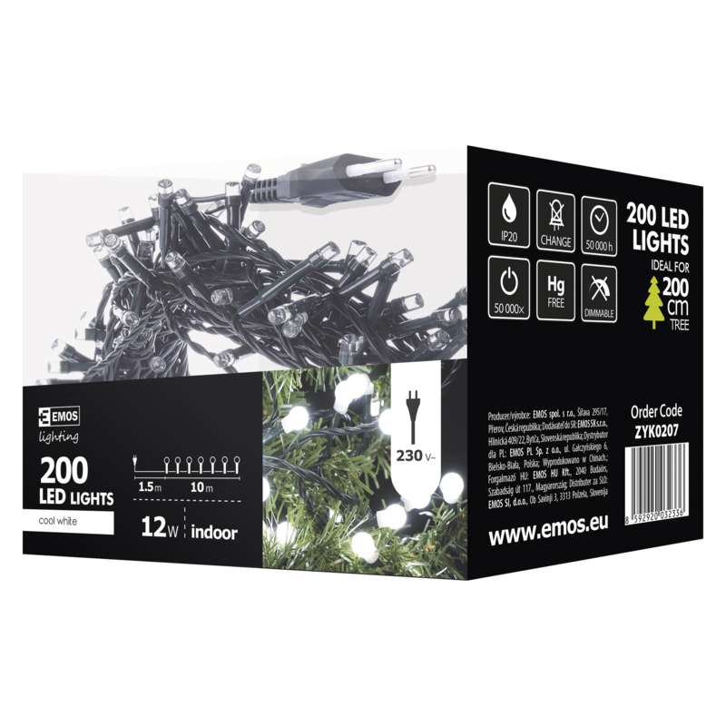 LED virtene EMOS 200LED 12W bumbiņas baltas CW IP20 10m ZYK0207