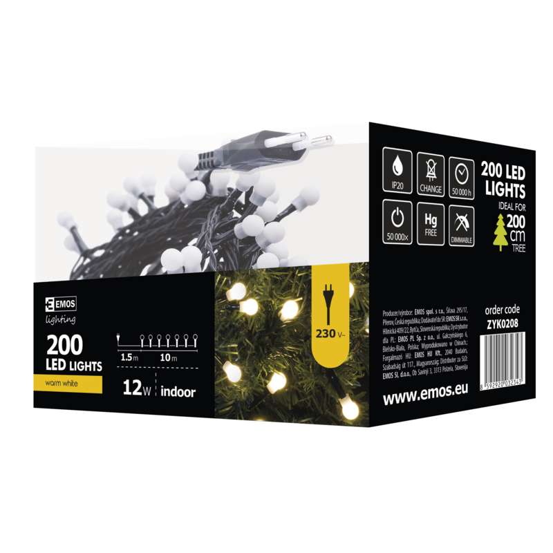 LED virtene EMOS 200LED 12W bumbiņas baltas WW IP20 10m ZYK0208